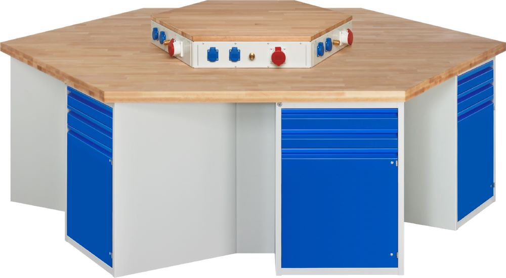 Produktbild Rau Werkbänke Gruppenwerkbank 492I-EA 2700 x 2340 x 890 mm 6x2 Schubladen und 6x1 Tür Buche