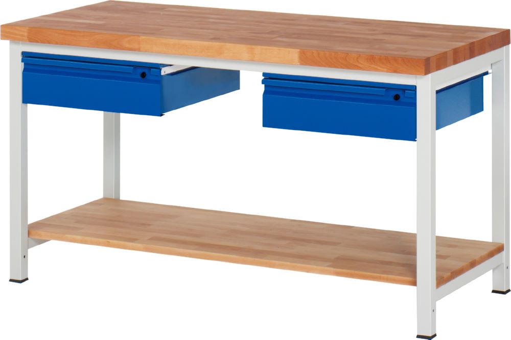 Produktbild Rau Werkbänke Werkbank 8002I7 1500 x 700 x 840-1040 mm Ablageboden Buche mit 2 Schubladen