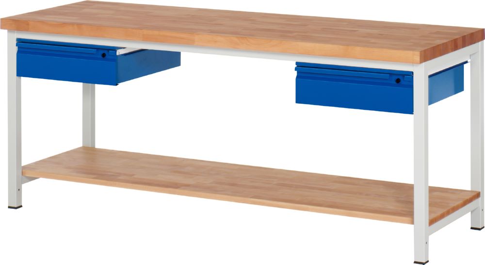 Produktbild Rau Werkbänke Werkbank 8002I7 2000 x 700 x 840-1040 mm Ablageboden Buche mit 2 Schubladen