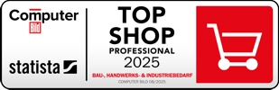 Rechteckiges Logo in weiß-rot mit schwarzem Rahmen zum Top Shop Professional 2025 von Computer Bild
