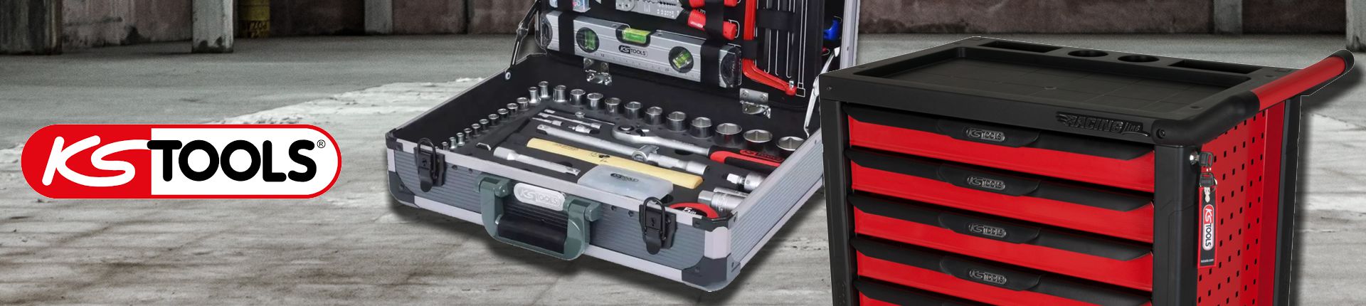 Bild KS Tools Werkzeugkoffer bestückt und Werkzeugwagen in Nahaufnahme