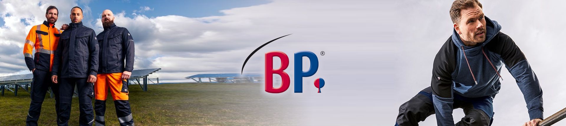 Bild Drei Männer in orangefarbener langärmeliger Bierbaum-Proenen Warnschutzkleidung und dunkelblauer Wetterschutzkleidung und ein Mann in langärmeliger Bierbaum-Proenen schwarz-blauer Arbeitskleidung