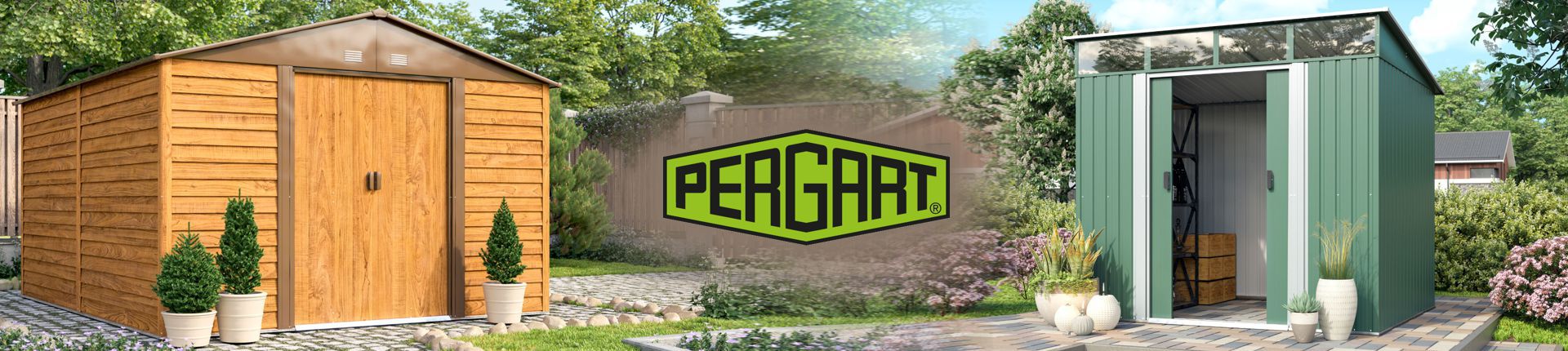 Bild Pergart Gerätehäuser Modelle Frankfurt und Leipzig aufgebaut in einem Garten