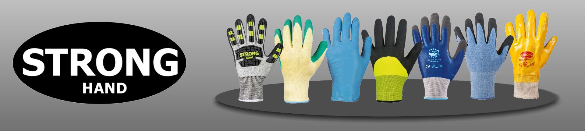Bild Strong Hand Logo, daneben 7 unterschiedliche Strong Hand Handschuhe aufgereiht