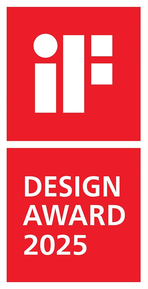 IF Design Award 2025 Icon IF Design Award 2025 Logo hochkant roter Hintergrund, weiße Schrift