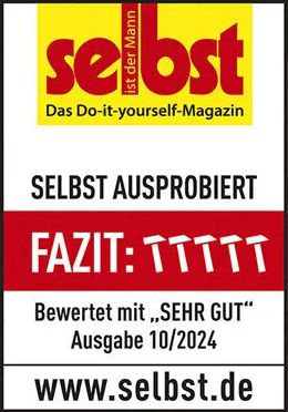 Selbst.de Selbst Ausprobiert Testlogo 10-2024 Logo des Test-Magazins Selbst.de für den selbst ausprobiert Test mit 5 Hämmerchen für die Ausgabe 10-2024
