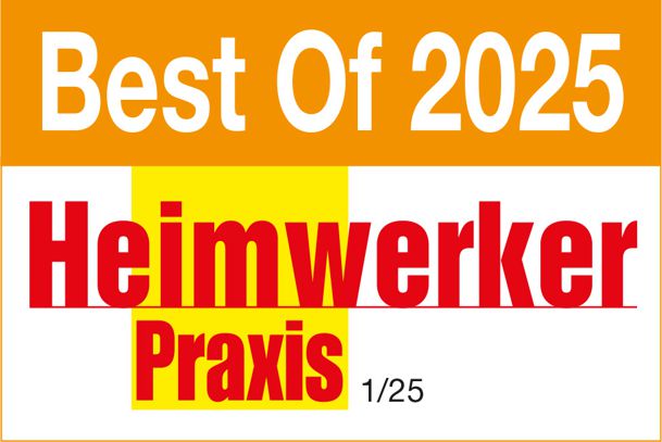 Best of 2025 Heimwerker Praxis Logo Orange-weiß farbenes Logos mit dem Schriftzug Best of 2025 und dem Logo der Zeitschrift Heimwerker Praxis für die Wahl 01-2025