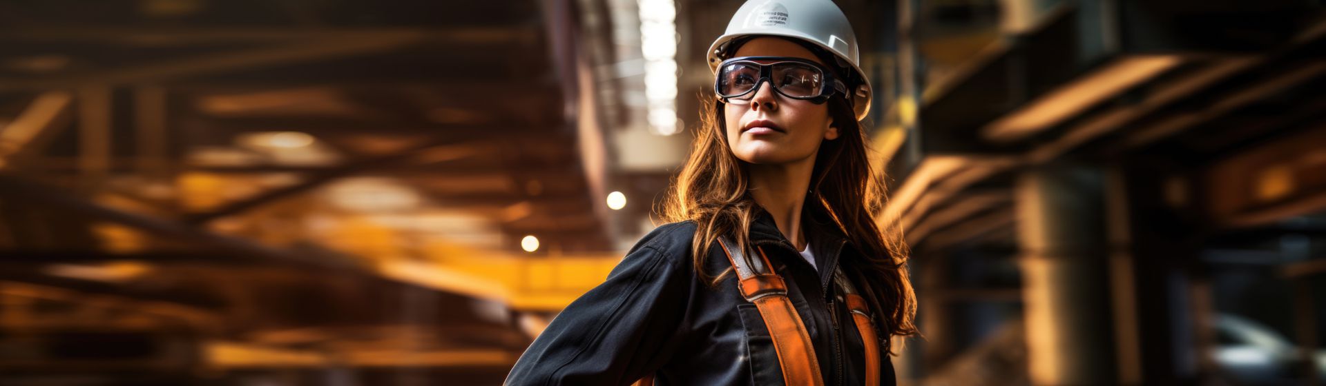 Junge Frau mit langen braunen Haaren mit weißem Schutzhelm, Schutzbrille in einem grauen Arbeitshemd und organefarbener Arbeits-Latzhose bild