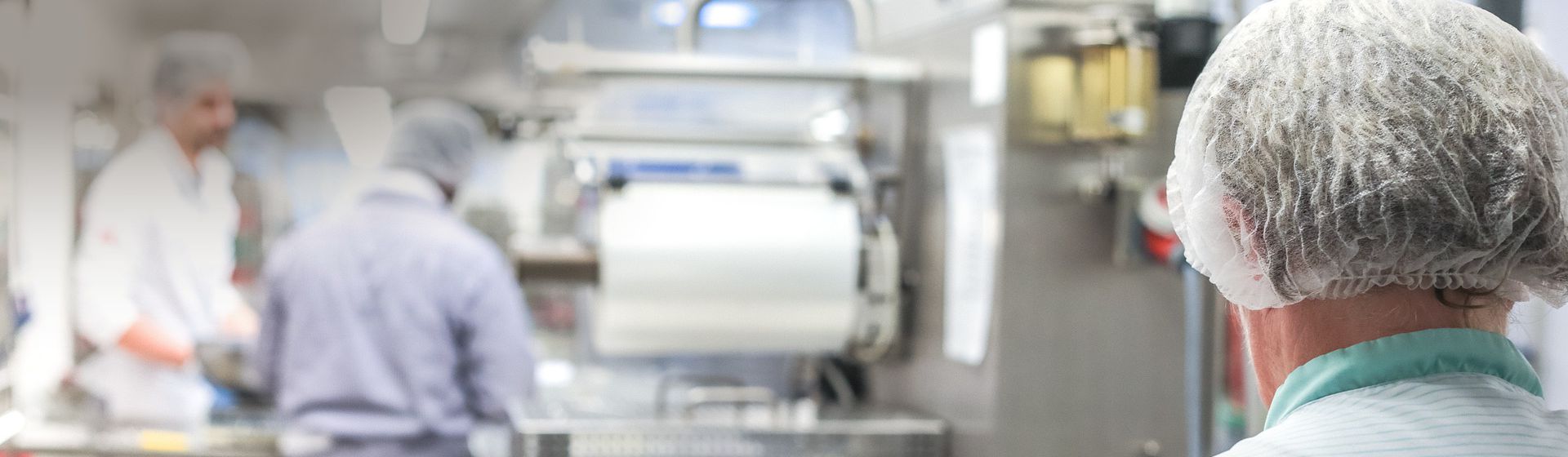 Mit einem haarnetz bedeckter Kopf einer in einer Großküche stehenden Person von hinten bild