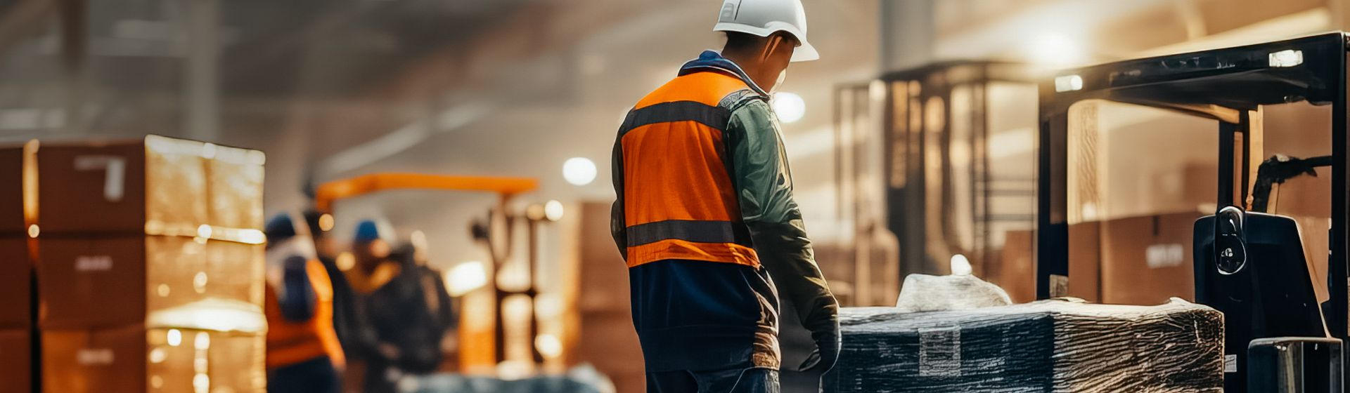 Mann in Arbeitsjacke mit weißem Schutzhelm bei Arbeiten in einem Lager bild