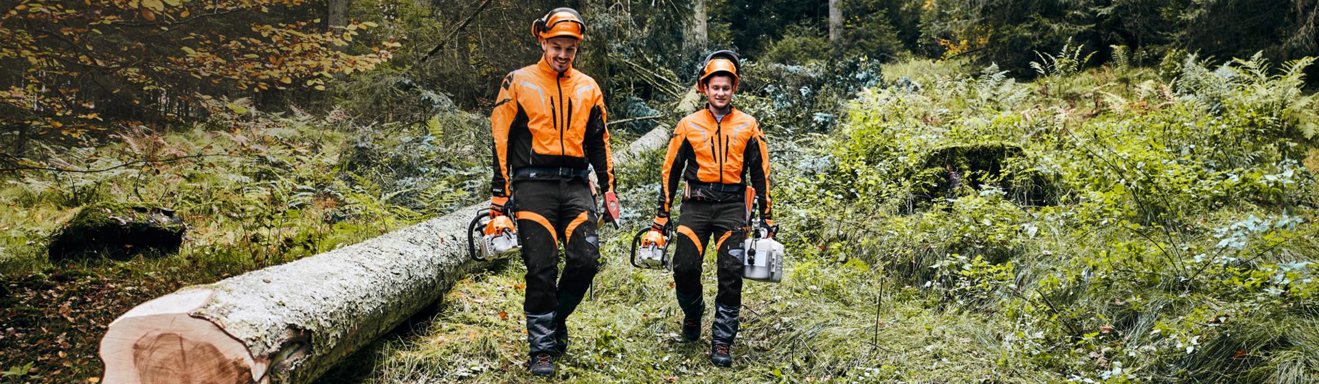 Zwei junge Männer mit Stihl Forstschutzkleidung und Schutzhelm im Wald bild