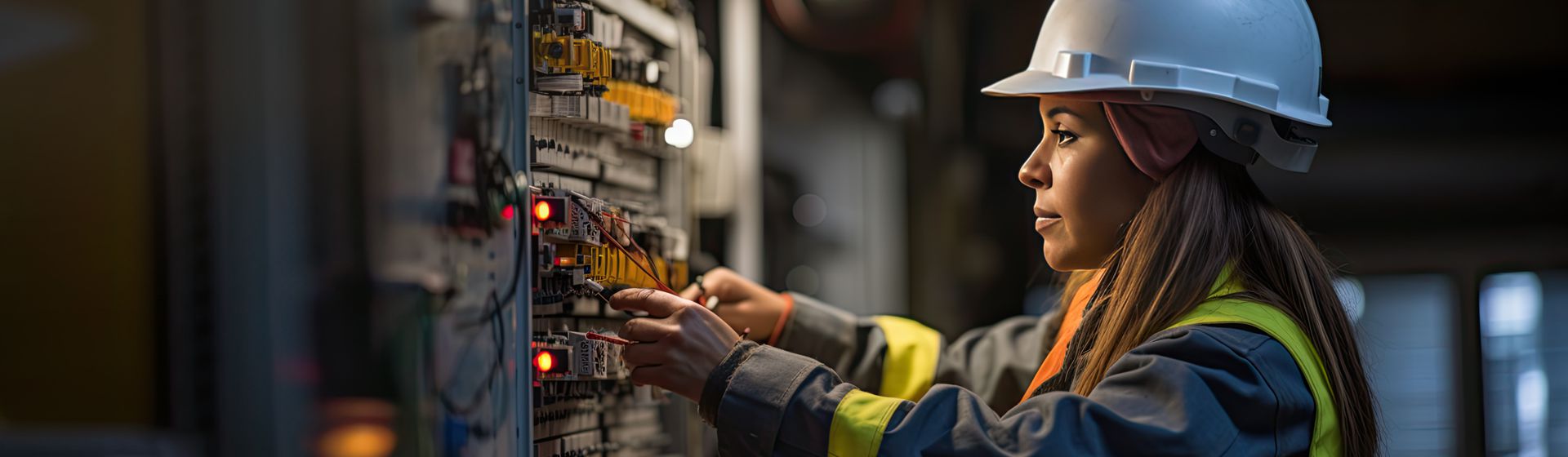 Junge Frau mit weißem Schutzhelm in Elektroschutzkleidung bild