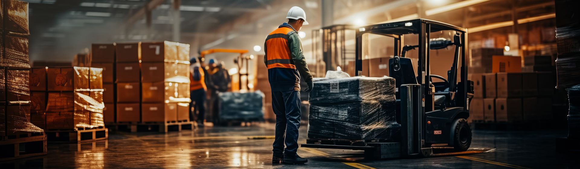 Mann in Arbeitskleidung mit weißem Schutzhelm von hinten zu sehen in einem Lager stehend vor einem Gabelstapler, der eine mit Folie eingewickelte Palette geladen hat. bild