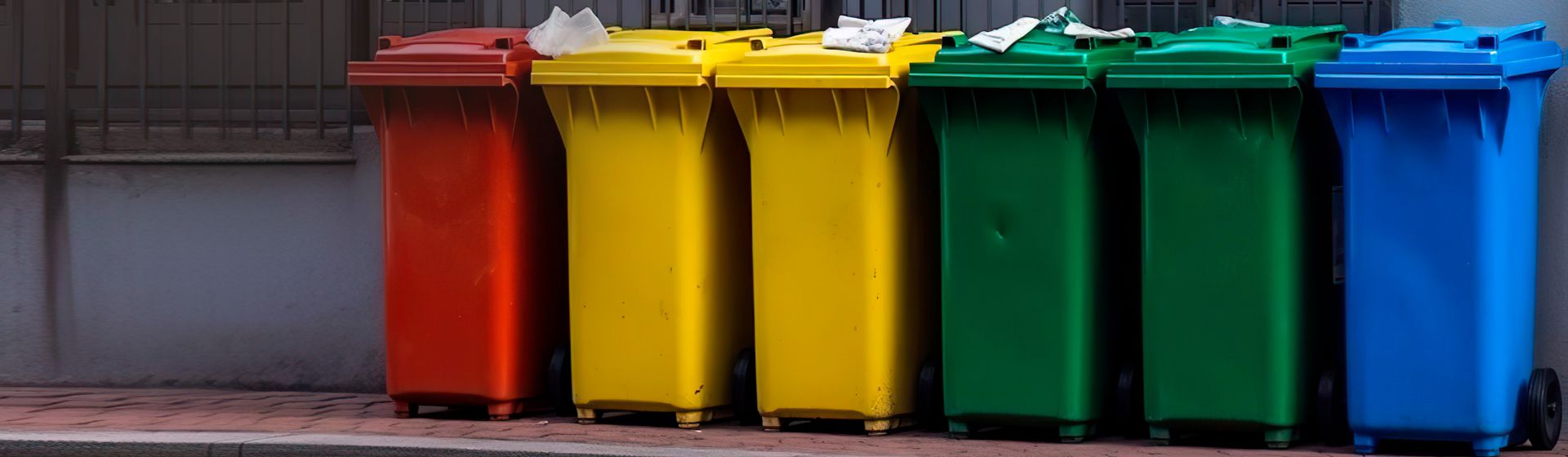 Eine rote, zwei gelbe, zwei grüne und eine blaue Mülltonne nebeneinanderstehend auf dem Gehweg vor einem Gebäude bild