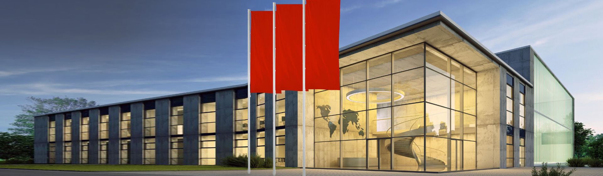 Drei Fahnenmasten mit roten Flaggen von Mannus vor einem Firmengebäude bild