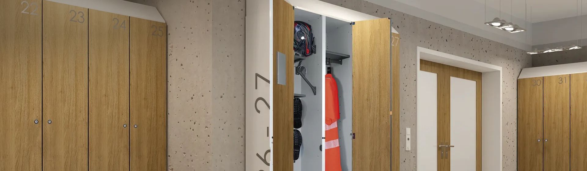 Systemschränke mit moderner Holzfront von C+P in einer Feuerwehr Umkleide bild