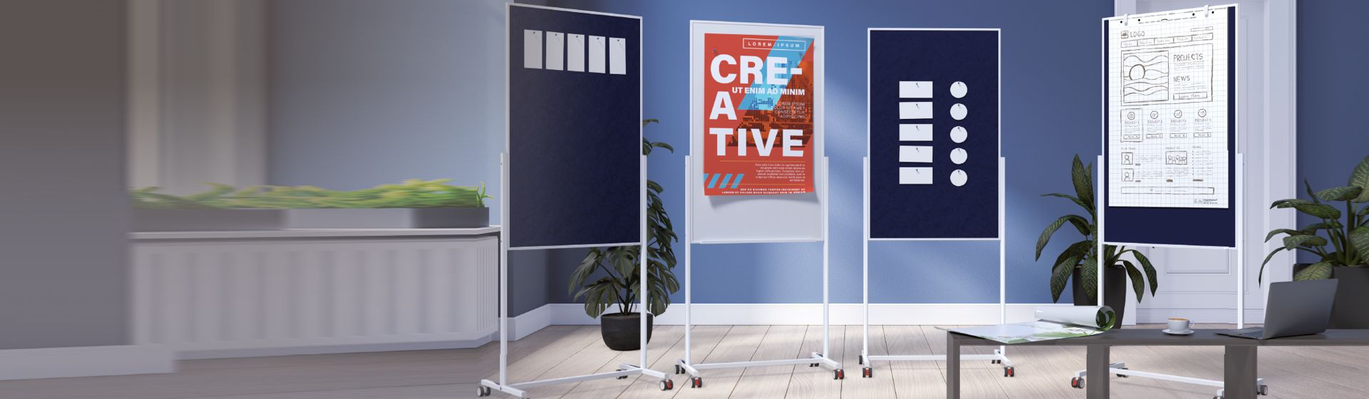 Vier Flipcharts von Magnesium in einem Büro bild