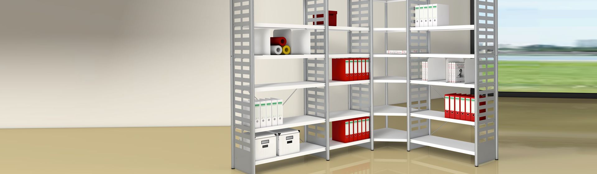 Kerkmann Eckregal aus Holz und Stahl bestückt mit Ordnern bild