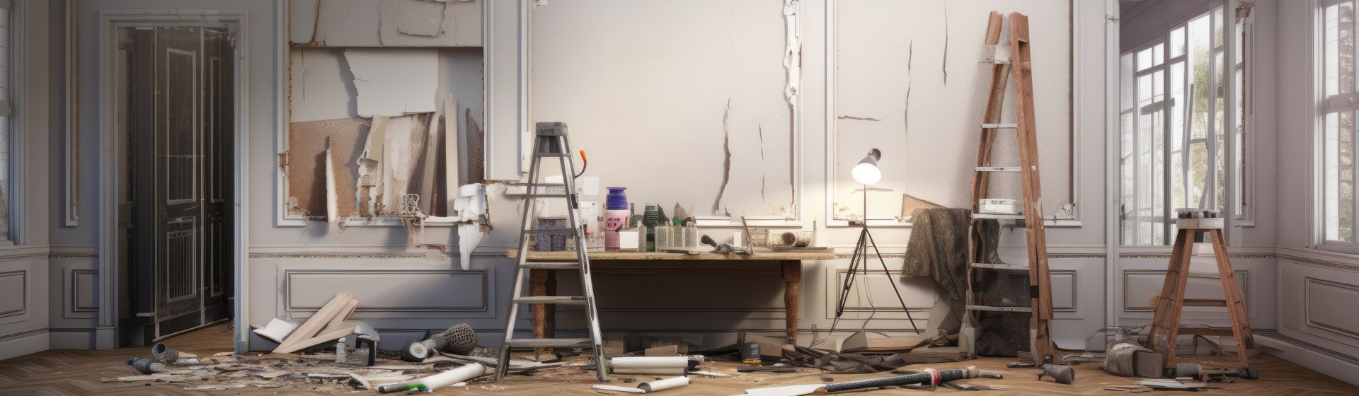 Drei Leitern im Zimmer einer Altbauwohnung, die gerade renoviert wird bild