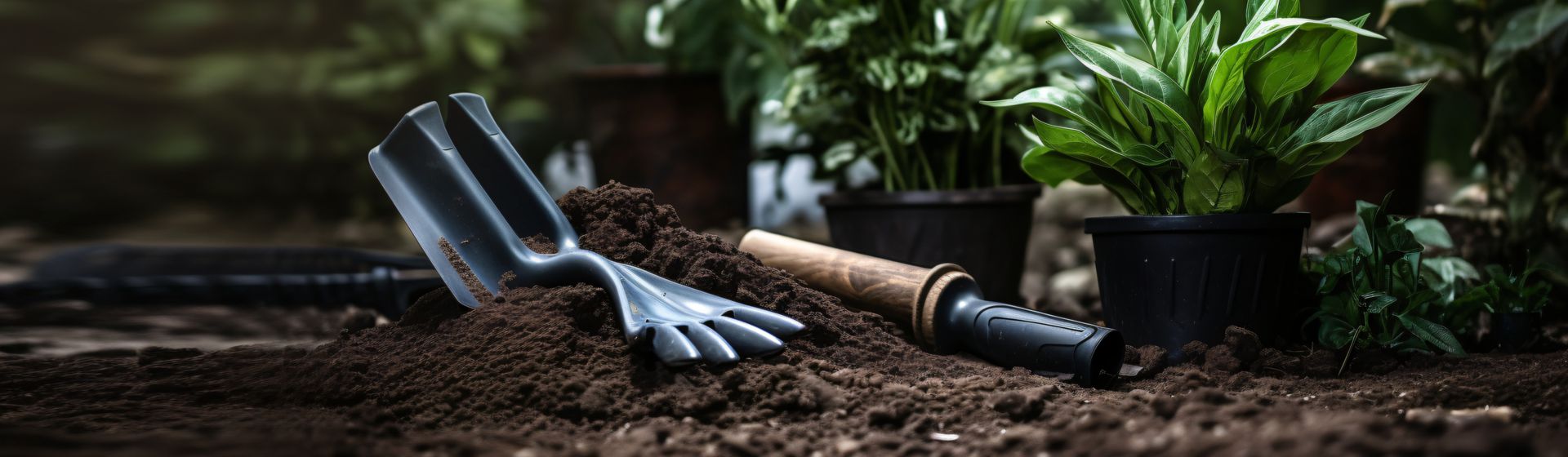 2 Garten-Handwerkzeuge aus Metall mit Holzgriff auf einem kleinen Haufen Blumenerde liegend, im Hintergrund Zimmerpflanzen bild