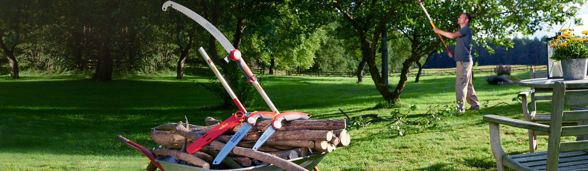 Wolf-Garten Baumscheren in einer Schubkarre liegend, im Hintergrund ein Mann bei Arbeiten mit einer Baumschere mit Teleskopgriff bild