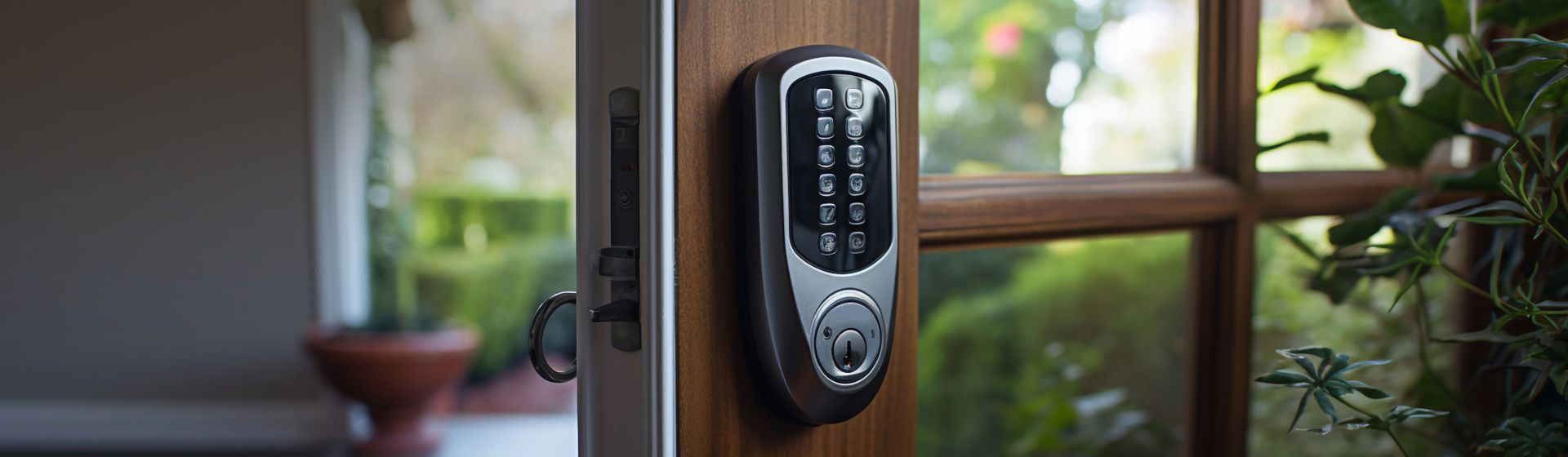 Türschloss an an einer Haustür aus Holz bild