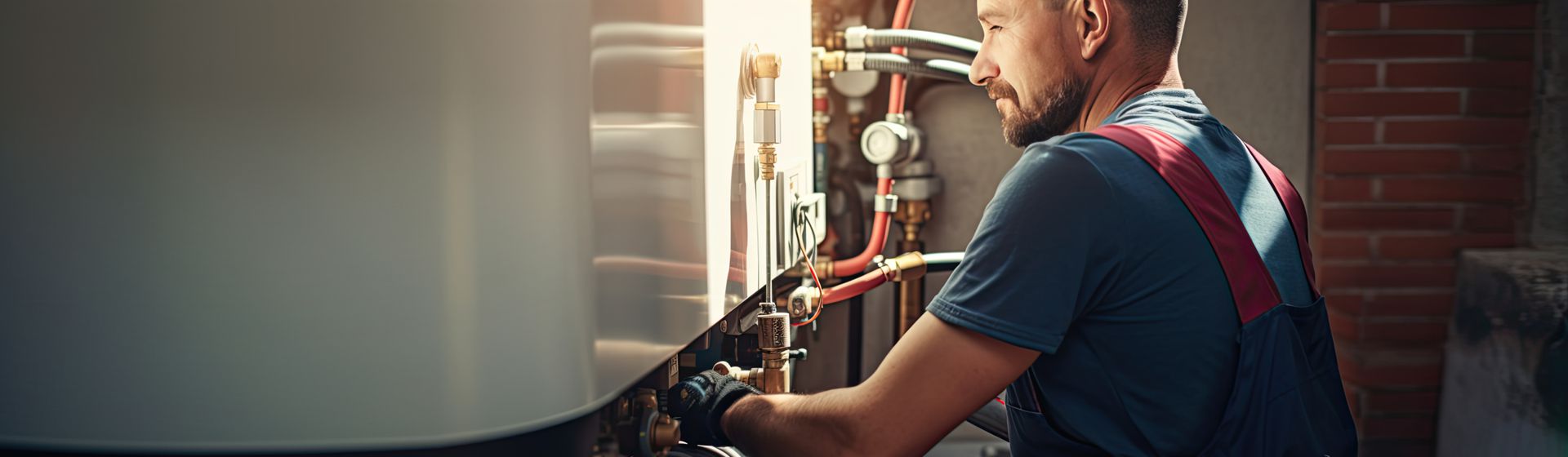 Handwerker in blauer Arbeitskleidung beim Prüfen von Rohren einer an der Wand hängenden Gastherme bild