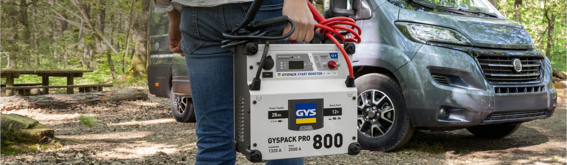 Mann trägt ein Batterieladegerät von Gys zu einem Wohnmobil bild