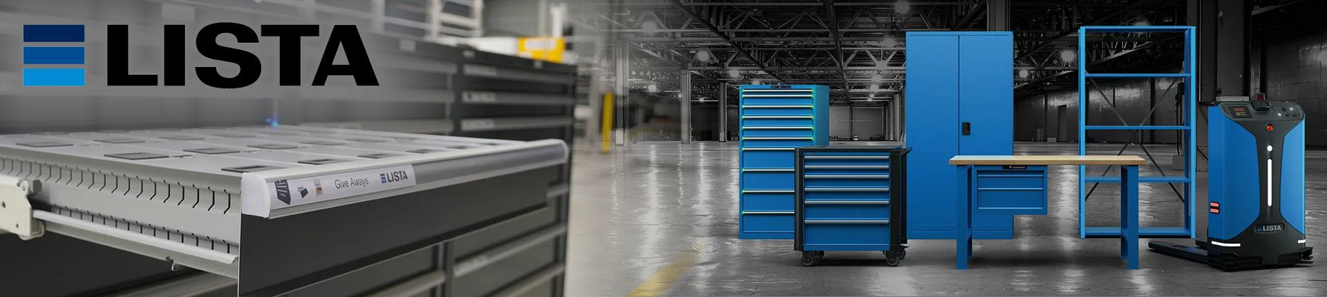 Bild Schubladenschrank, Werkstattwagen, Flügeltürenschrank, Werbkbank, Regal und Förderfahrzeug von Lista nebeneinander stehend in einer Industriehalle