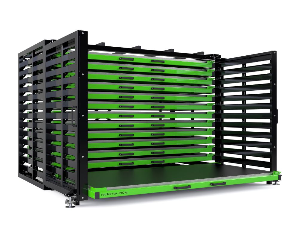 Produktbild RR Schubfachregal für Bleche Typ RBR-G 40/10 4370 x 2440/4065 x 2310 mm RAL 6018