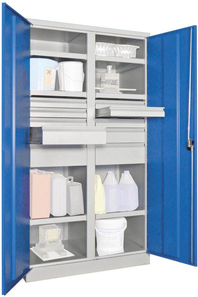 Produktbild Pavoy Schwerlastschrank mit Trennwand 1040x630x1950mm 6 Böden 10 Schubladen