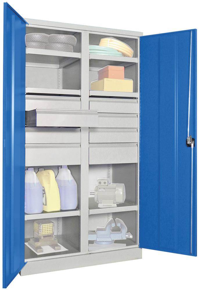 Produktbild Pavoy Schwerlastschrank 1040x630x1950mm Drehgriff mit Trennwand 6 Böden 8 Schubladen