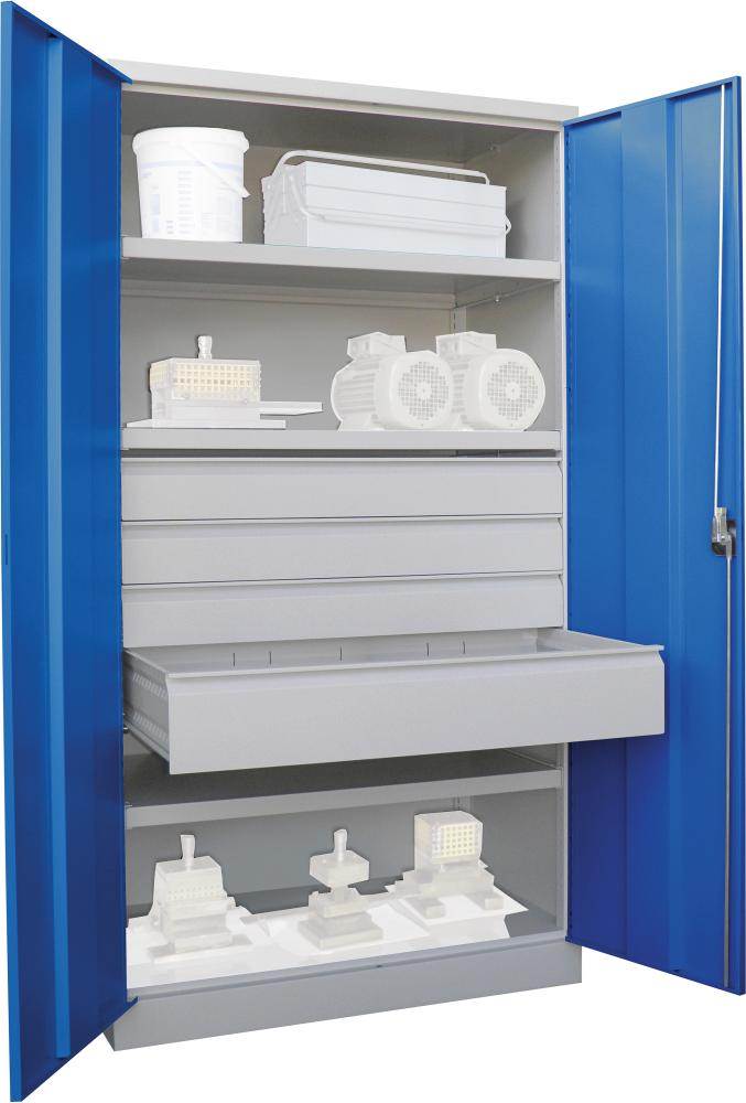 Produktbild Pavoy Schwerlastschrank 1040 x 630 x 1950 mm Drehgriff 3 Böden 4 Schubladen