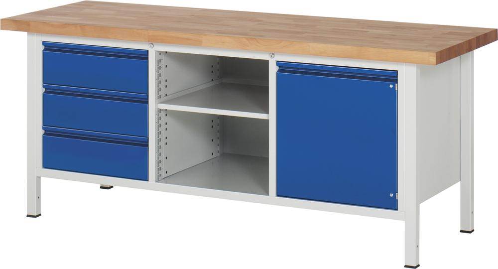 Produktbild RAU Werkbank BASIC 8563 Buche massiv 2000x700x840mm 3 Schubladen 1 Tür mit Fachboden