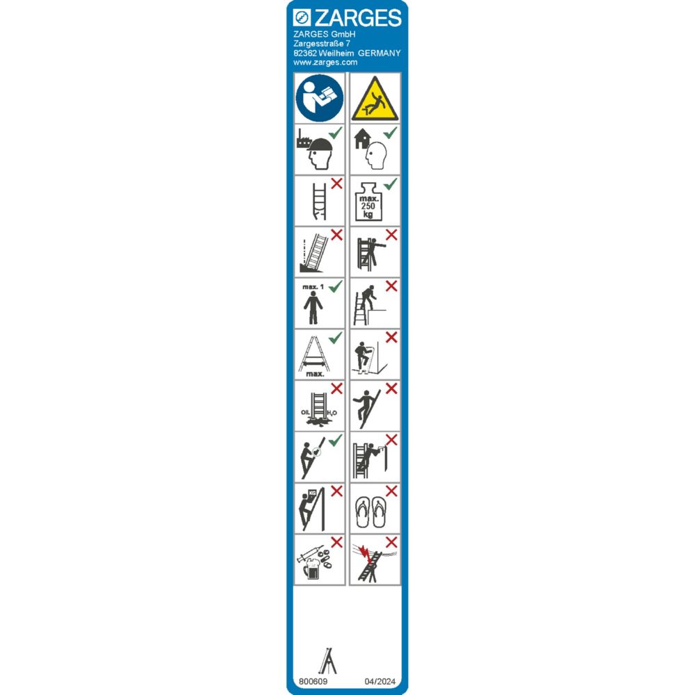 Produktbild Zarges Hinweisschild Stehleitern eineitig belastbar 250 kg