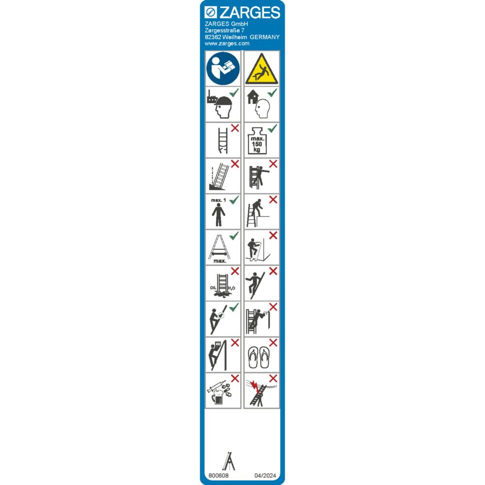 Produktbild Zarges Hinweisschild Stehleitern einseitig ZAP Safemaster